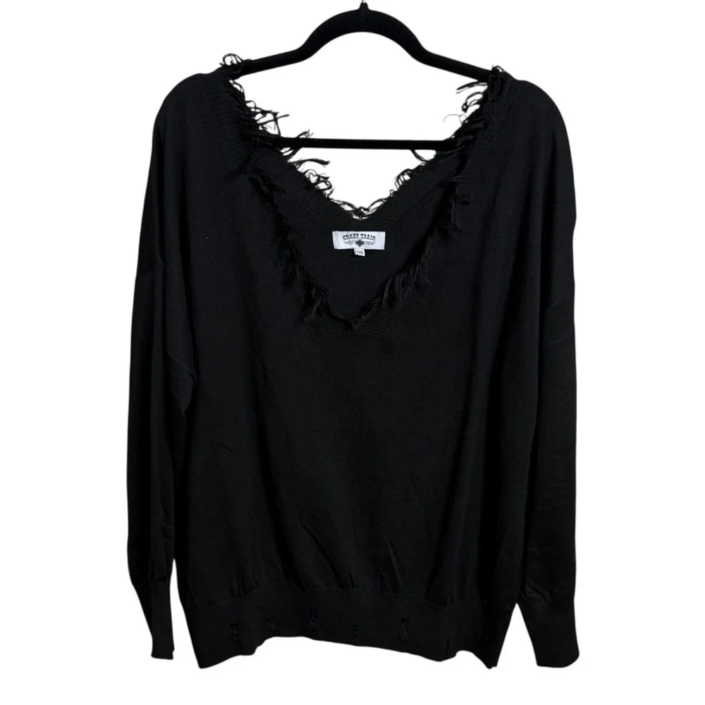 CRAZY TRAIN Black V Neck Distressed Frayed Hem Sweater Top Women's XXXL‎